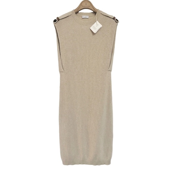 BRUNELLO CUCINELLI Cashmere English Rib Dress in Cool Beige Size Medium M - Picture 1 of 6